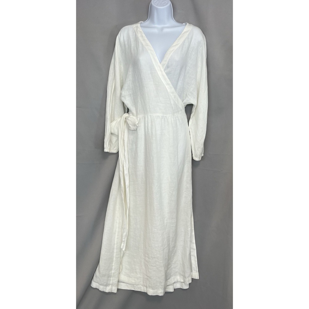 Vineyard Vines Women's White 100% Linen MIDI Wrap Dress Long Sleeve